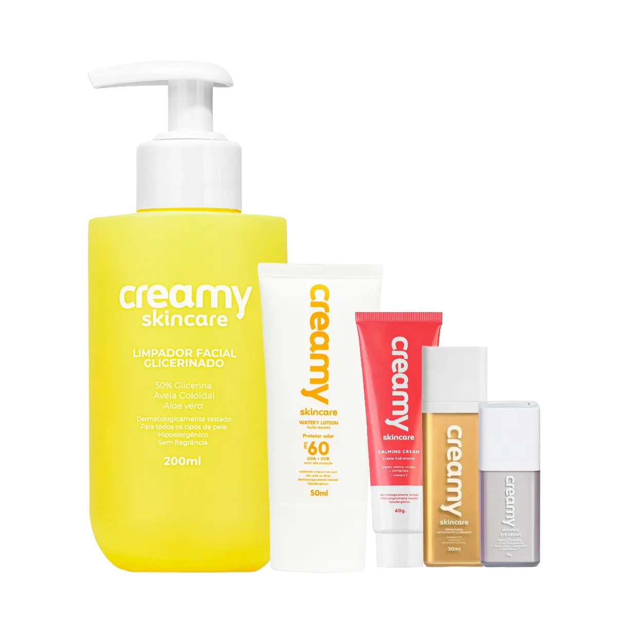 Kit Facial Creamy Skincare Protetor Solar FPS 60 50ml + Creme Hidratante 40g + Limpador Glicerinado 200ml + Sérum Clareador 30ml + Creme de Olhos 15g