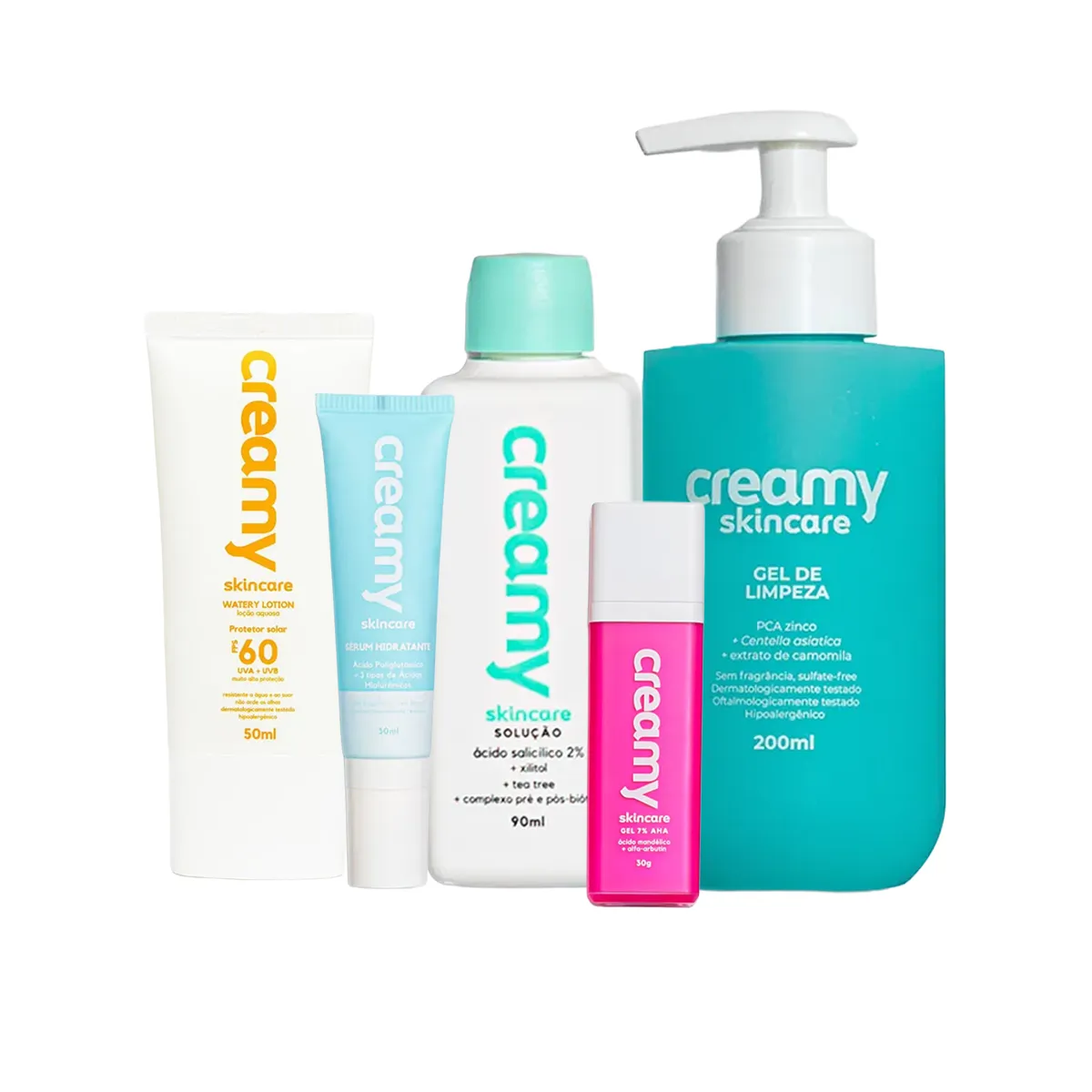 Kit Creamy Facial Gel de Limpeza 200ml + Tônico Antiacne 90ml + Sérum Hidratante 30ml + Protetor Solar FPS 60 + Gel Clareador Antiacne 30g