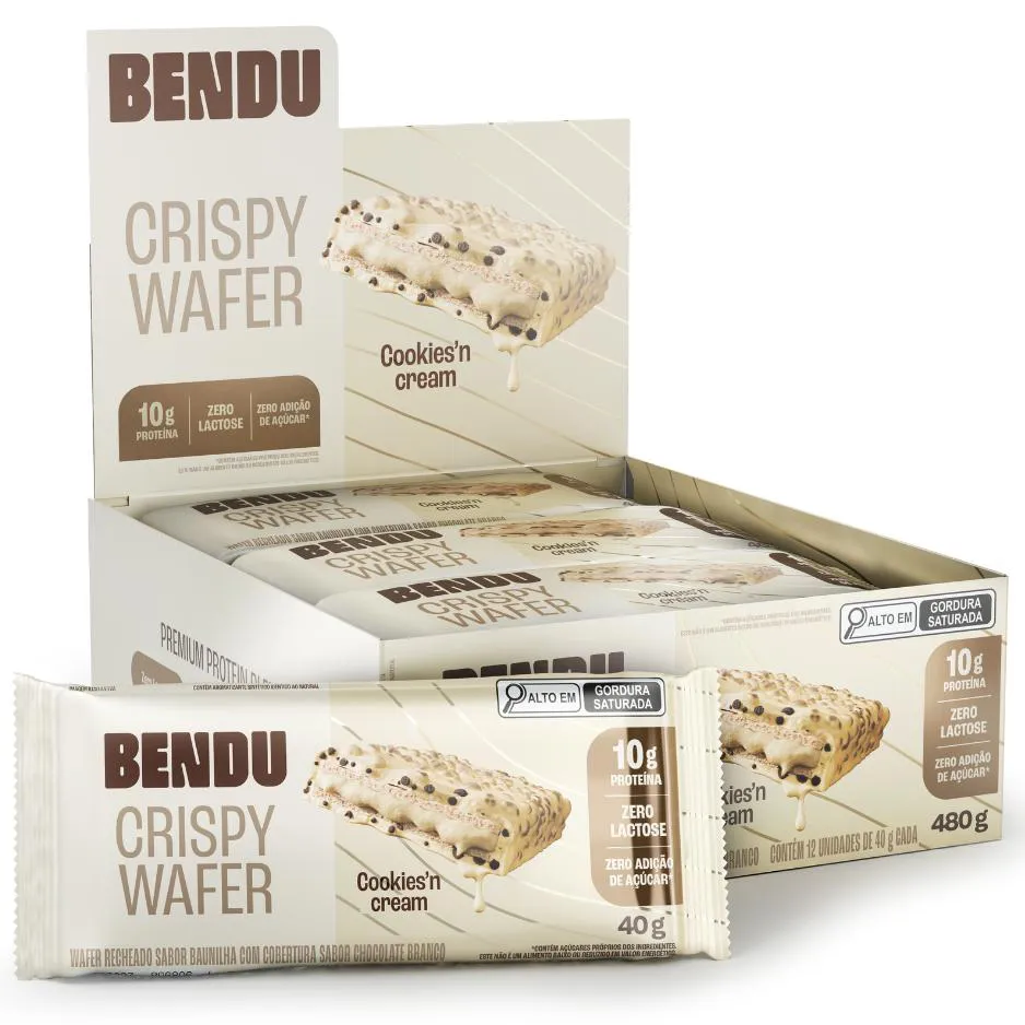 Wafer Bendu Crispy Caixa (12 Un) - Sabor Cookies Cream - Zero Lactose