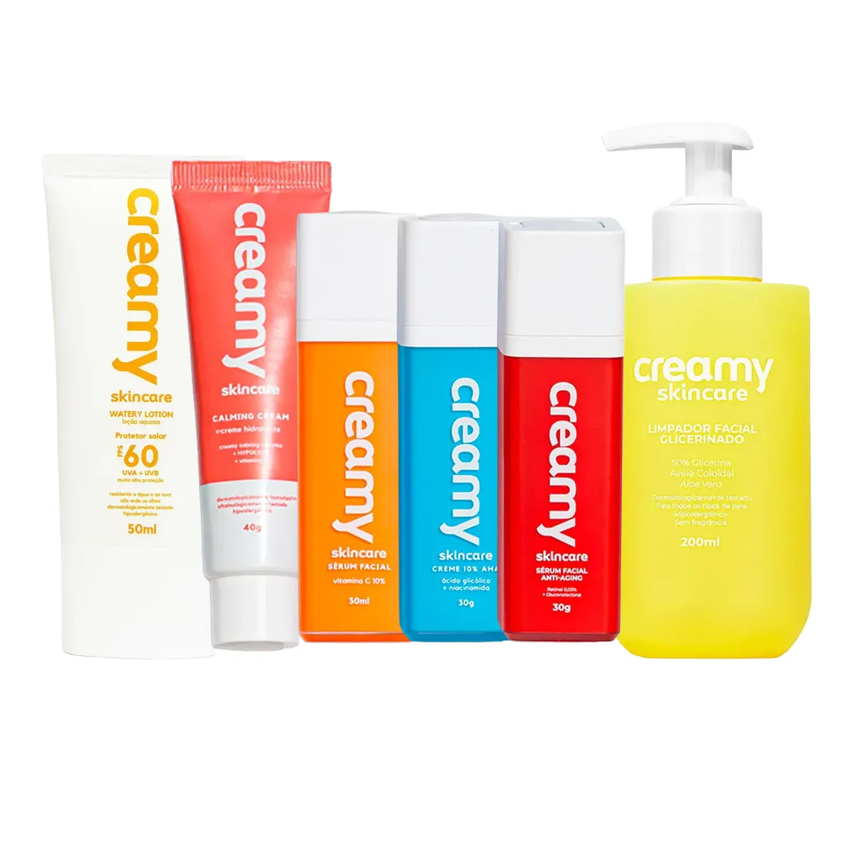 Kit Facial Creamy Limpador Glicerinado 200ml + Sérum Vitamica C 30g + Creme Hidratante Calming 40g + Protetor Solar FPS 60 50ml + Creme Retexturizador 30g + Sérum Anti-Idade 30g