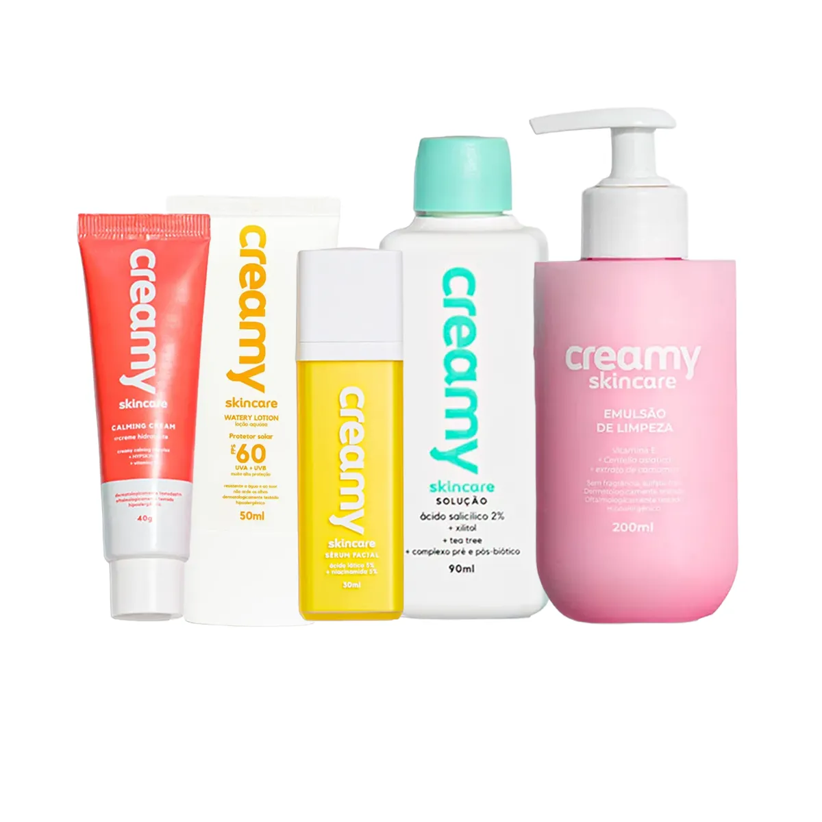 Kit Facial Creamy Emulsão de Limpeza 200ml + Tônico Antiacne 90ml + Creme Hidratante Calming 40g + Protetor Solar FPS 60 50ml + Sérum Ácido Lático 30g