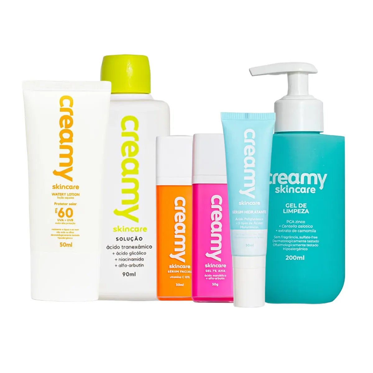 Kit Facial Creamy Gel de Limpeza 200ml + Tônico Clareador 90ml + Sérum Facial Vitamina C + Sérum Facial Hidratante 30ml + Protetor Solar FPS 60 50ml + Gel Clareador Antiacne 30g