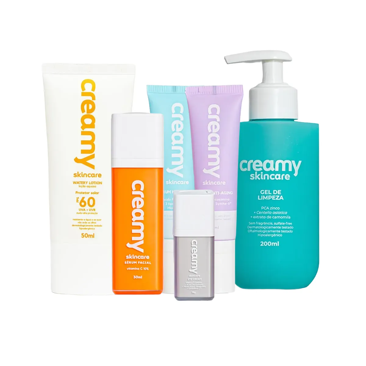 Kit Facial Creamy Gel de Limpeza 200ml + Sérum Vitamina C 30g + Sérum Anti-Idade 30ml + Sérum Hidratante 30ml +  Creme para Área dos Olhos 15g + Protetor Solar  FPS 60 50ml