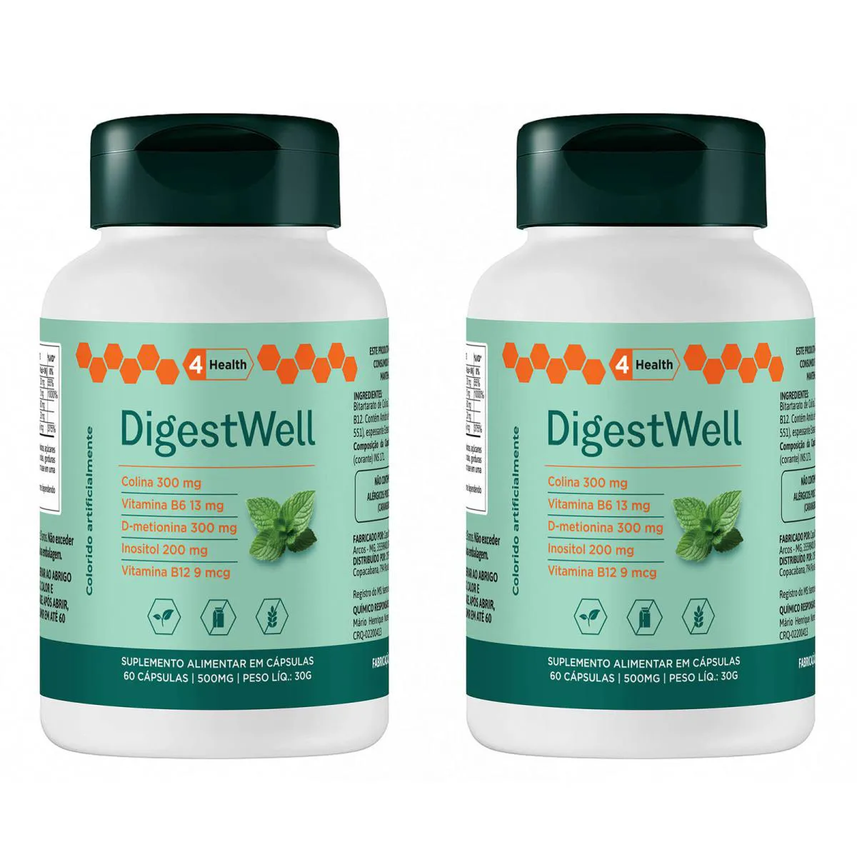 Digestwell (Suporte Digestivo) – Colina, Inositol, D-Metionina, Vitaminas B6, B12 | 60 Capsulas - 4 Health - 2 Potes
