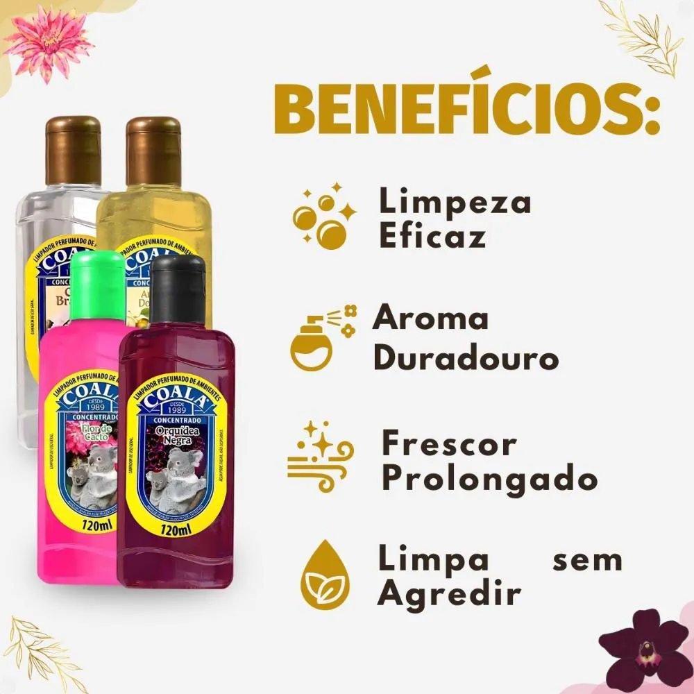 Kit Coala Limpadores Perfumados: Chá Branco, Ameixa Dourada, Flor de Cacto e Orquídea Negra 120ml