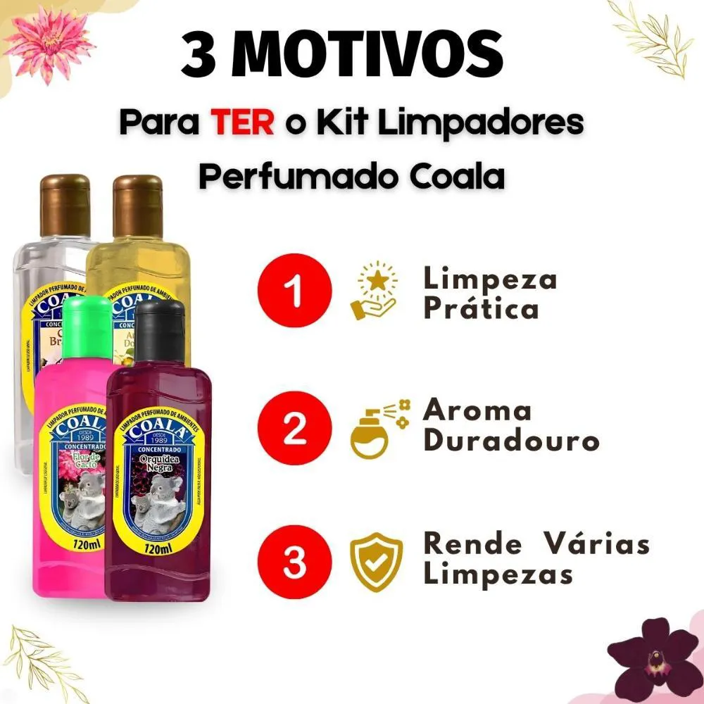 Kit Coala Limpadores Perfumados: Chá Branco, Ameixa Dourada, Flor de Cacto e Orquídea Negra 120ml