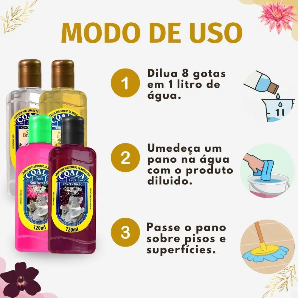 Kit Coala Limpadores Perfumados: Chá Branco, Ameixa Dourada, Flor de Cacto e Orquídea Negra 120ml