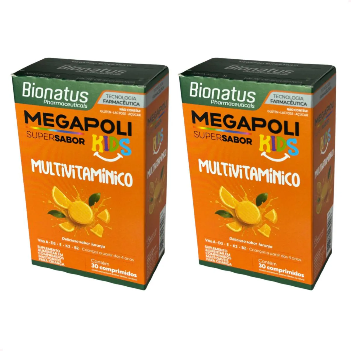 Kit com 2 - Megapoli Kids Multivitaminico Sabor Laranja 30Cp