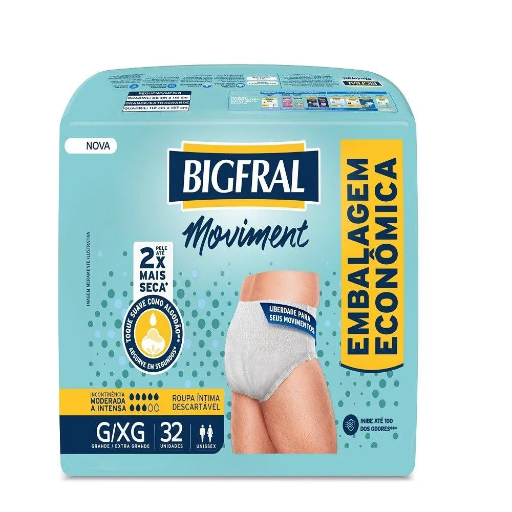 Fralda Descartável Adulto Bigfral Roupa Íntima Moviment Tamanho G/xg - 4 Pacotes com 32 Fraldas - Total 128 Tiras