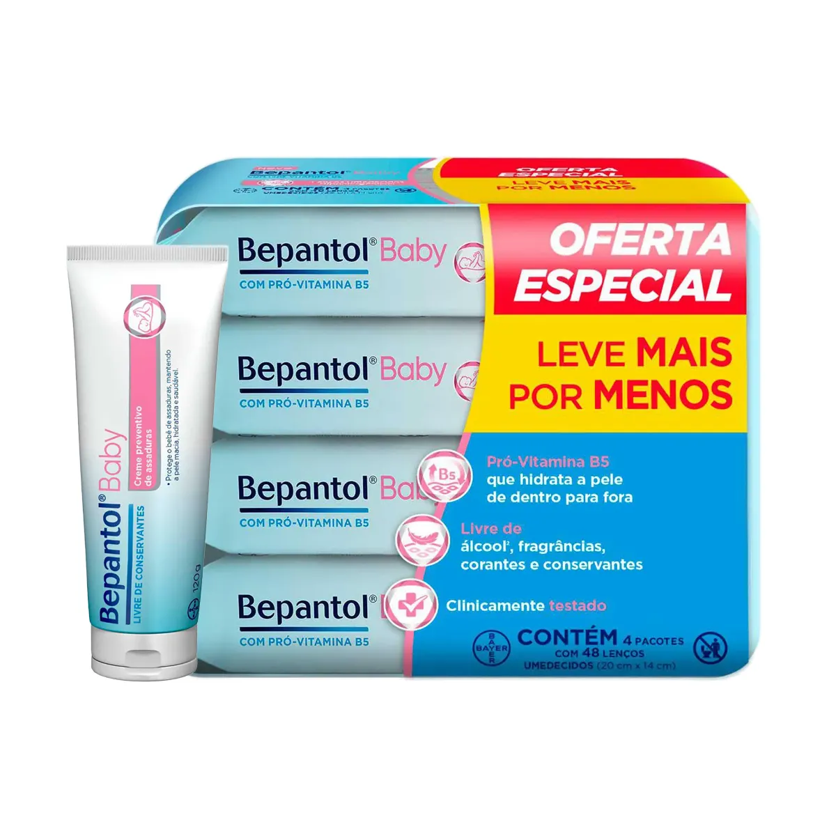 Kit Bepantol Baby Lenço Umedecido Pró Vitamina B5 4 pacotes 48 unidades cada + Creme para Assaduras 120g