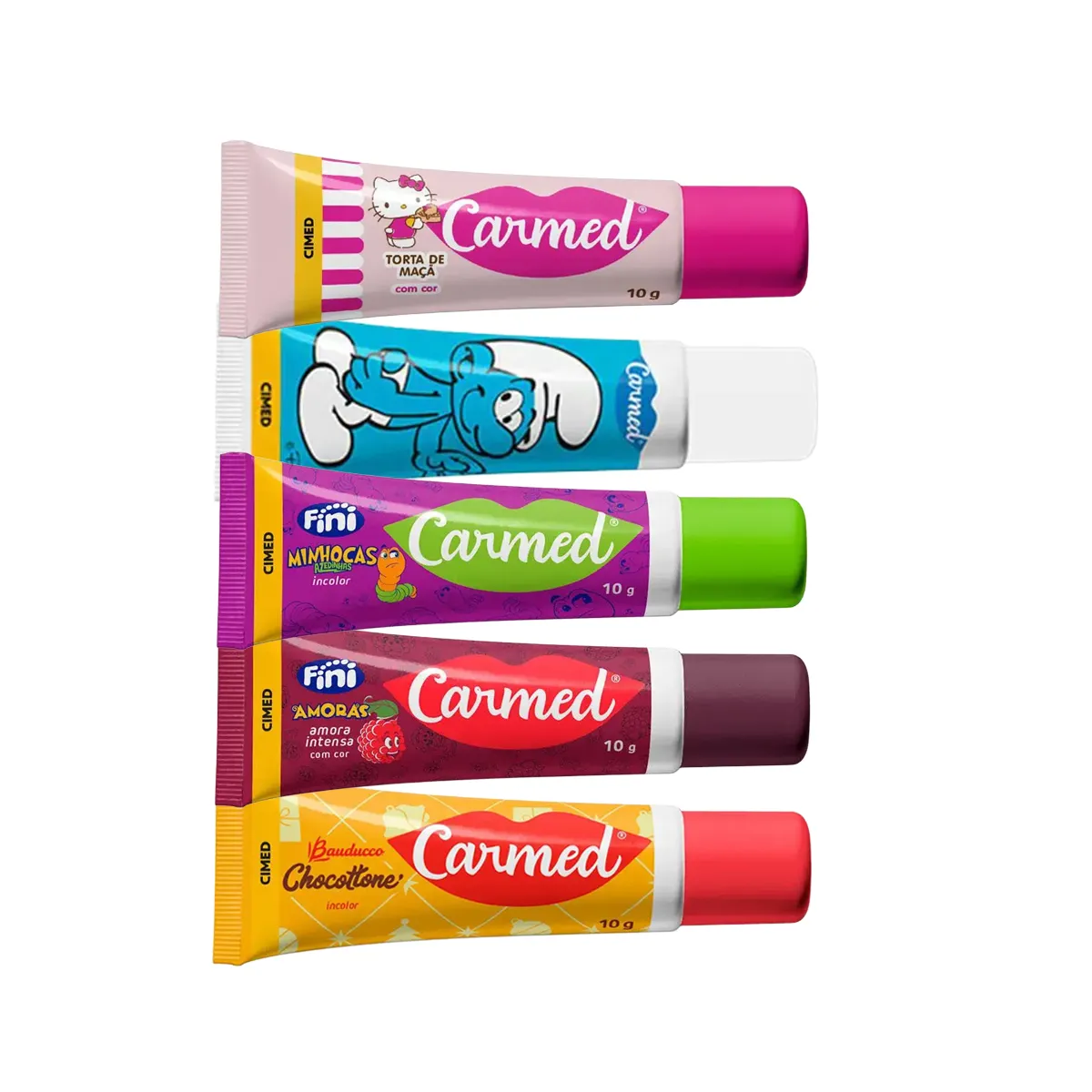 Kit Carmed Hidratante Labial Chocottone 10g + Hello Kitty Maçã do Amor 10g + Os Smurfs Blueberry 10g + Fini Amoras Intensas 10g + Fini Minhocas Azedinhas 10g
