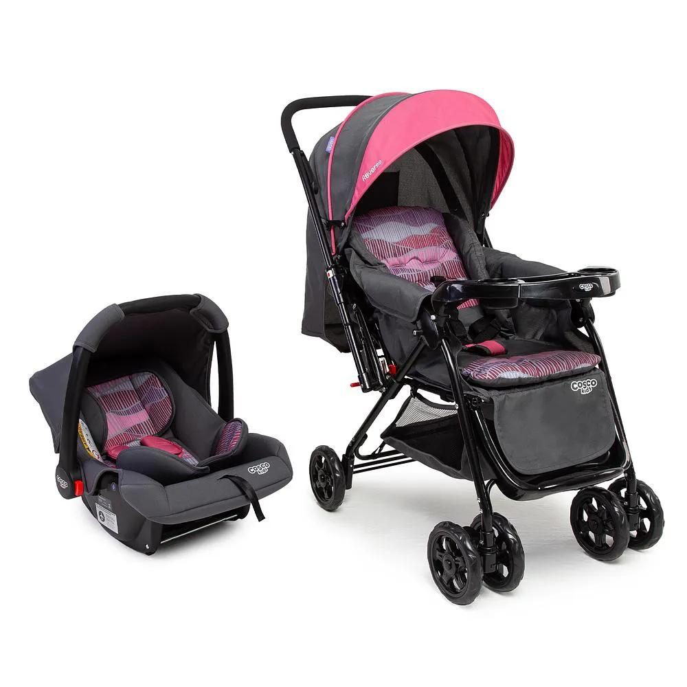 Carrinho com Bebê Conforto Travel System Reverse Duo Rosa Onda - Cosco Kids