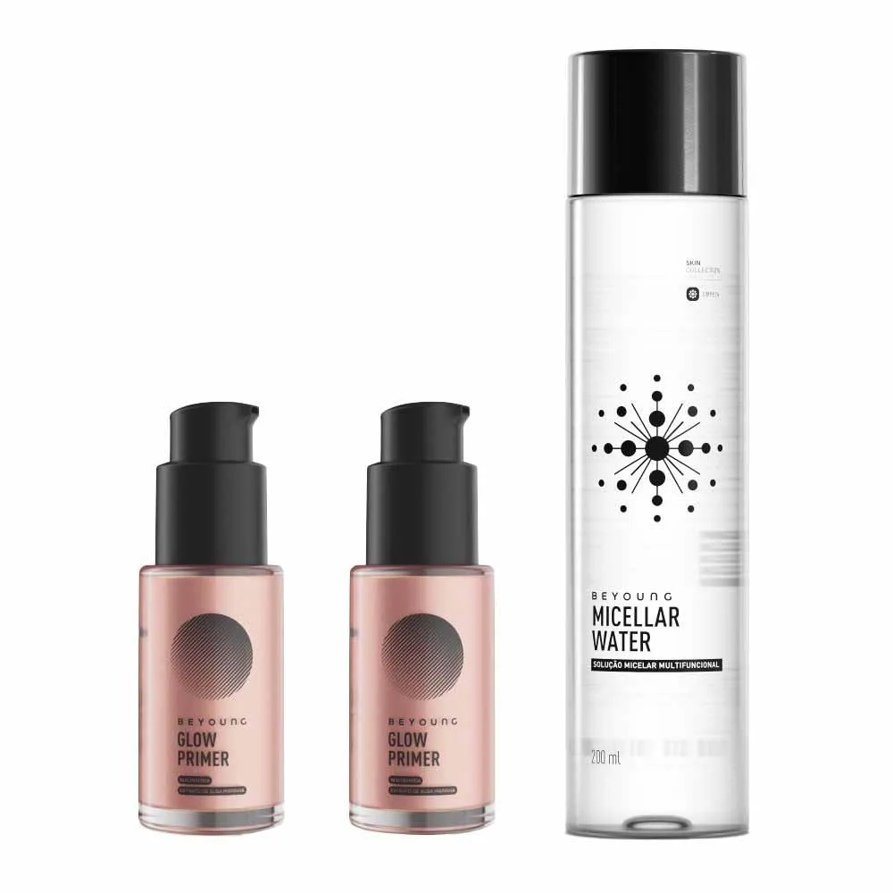 Beyoung Kit com 1 Água Micelar e 2 Primers Faciais Rose para Efeito Lifting Imediato