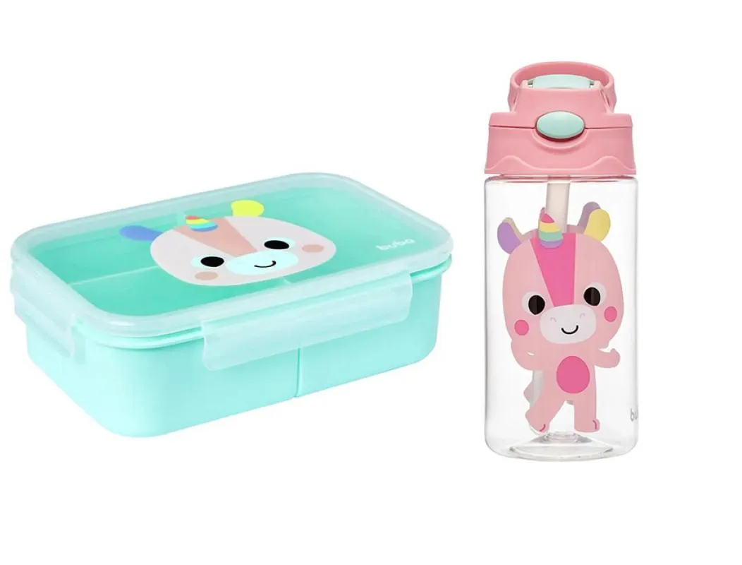 Kit Buba Garrafinha  450Ml + Bento Lunchbox com Divisórias Unicórnio