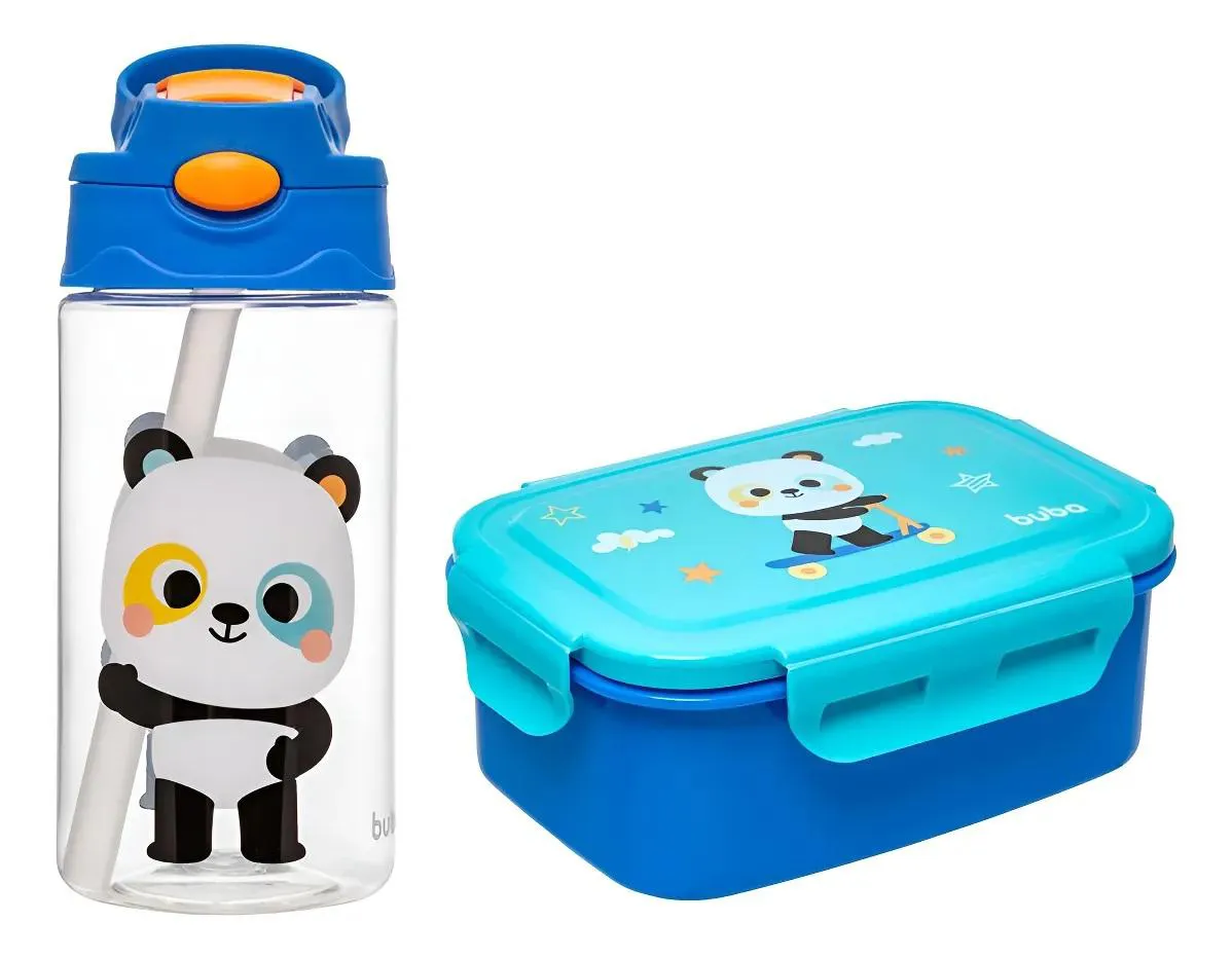 Kit Lanche Garrafinha Tritan + Bento Box Inox Zoo Buba