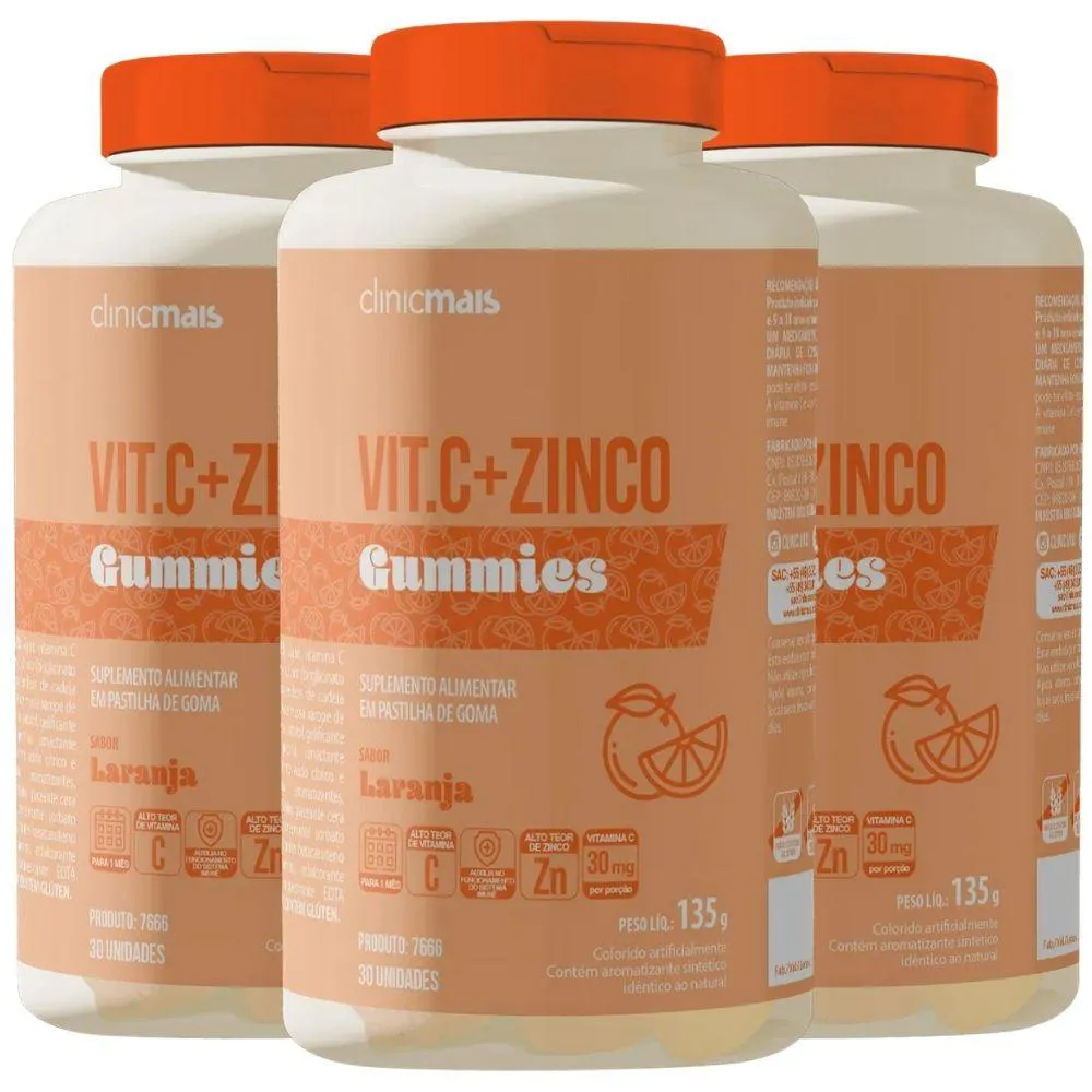 Kit 3X Vitamina C + Zinco Gummies 30 Gomas - Clinicmais