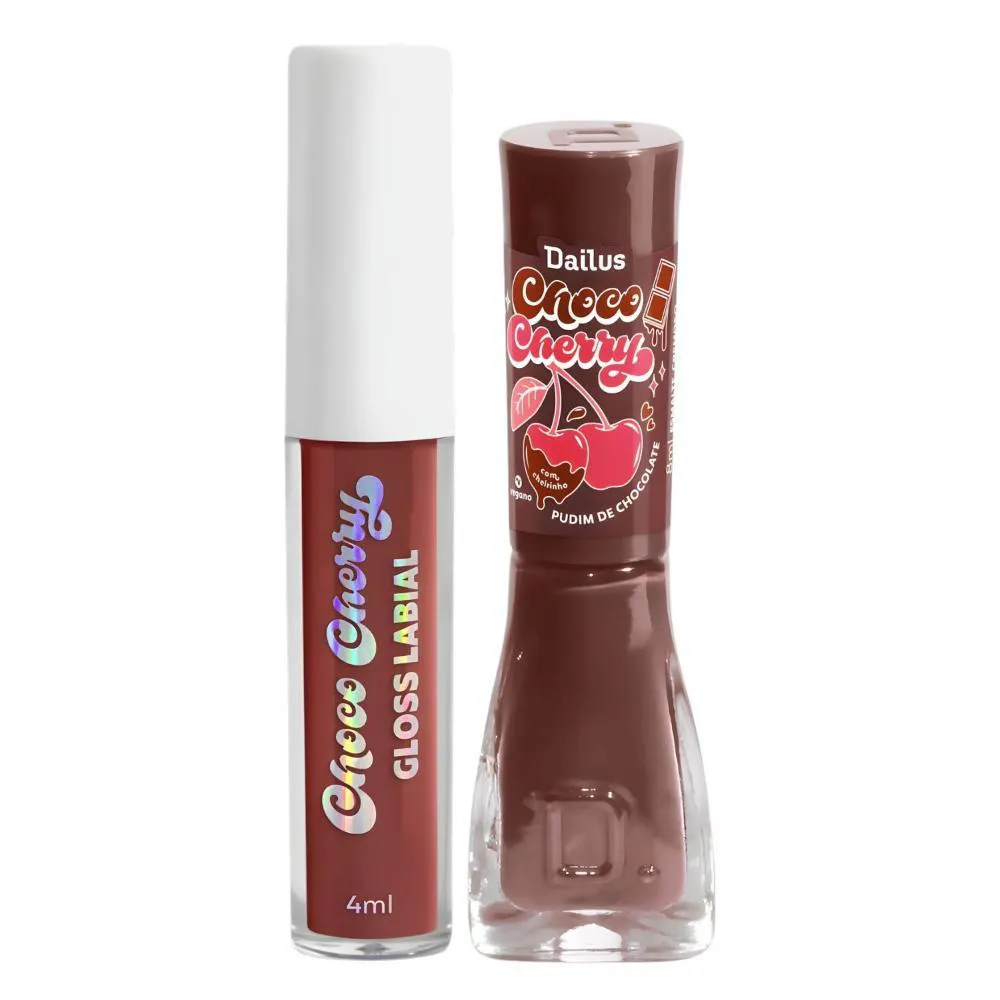 Kit Dailus Choco Cherry Pudim de Chocolate: Gloss Labial 4Ml e Esmalte Cremoso 8Ml