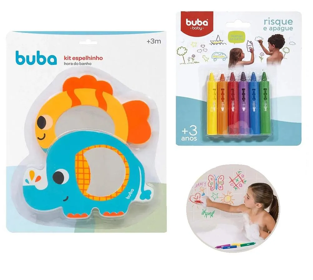 Kit Espelhinhos para Banho 2Und  + Giz de Banho Risque e Apague 6 Cores Buba