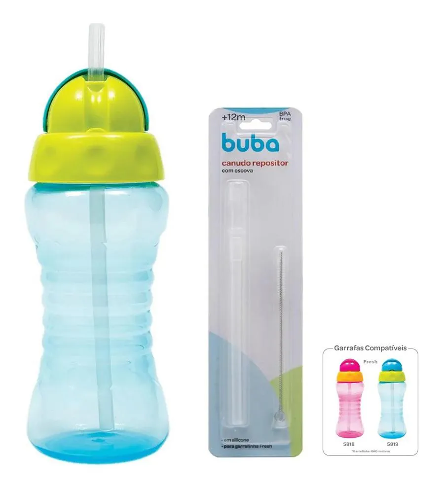 Kit Garrafinha Fresh  com Canudo Silicone  300Ml + Canudo com Escova Buba