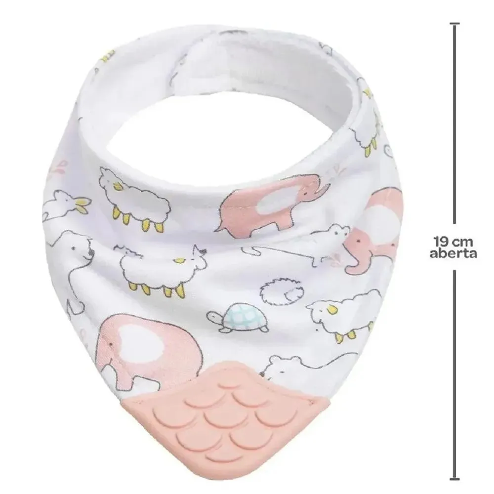 Kit Joelheira Infantil Antiderrapante +6M +  Babador Bandana C/Mordedor Animais Rosa Buba