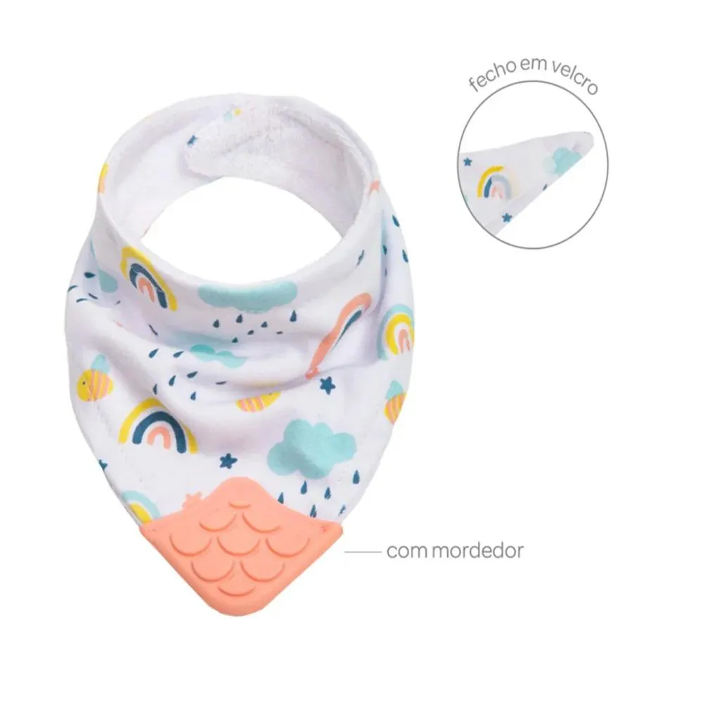 Kit Joelheira Infantil Antiderrapante +6M + Babador Bandana C/Mordedor Arco-Íris Buba