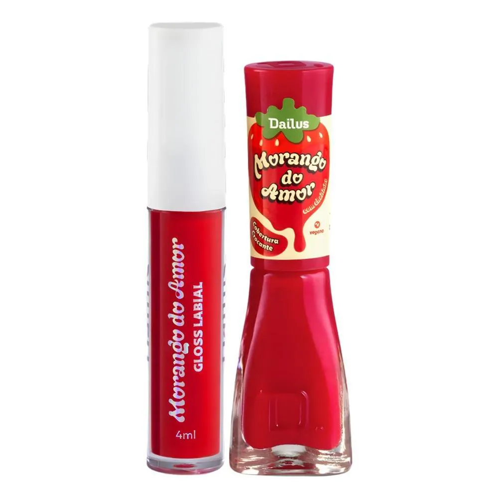 Kit Dailus Morango do Amor Cobertura Crocante: Gloss Labial 4Ml e Esmalte Cremoso 8Ml
