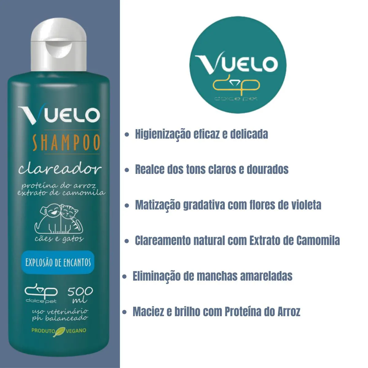 Shampoo Clareador Explosão de Encantos Vuelo Dolce Pet Cães e Gatos - 500 Ml