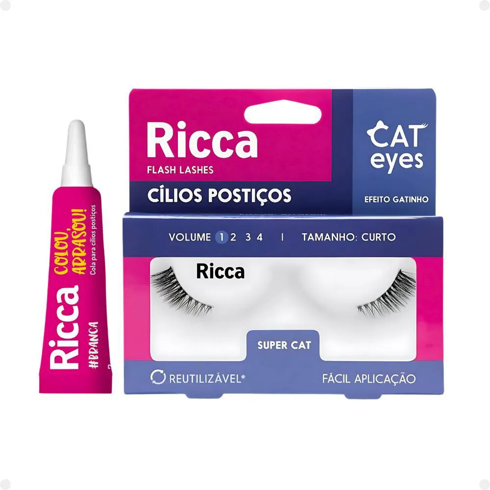 Cílios Postiços + Cola Branca Ricca Belliz Cat Eyes Super Cat Vol:1 Curto