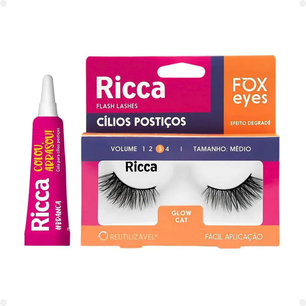 Cílios Postiços + Cola Branca Ricca Belliz Fox Eyes Glow Cat Vol:3 Médio Cód.2694
