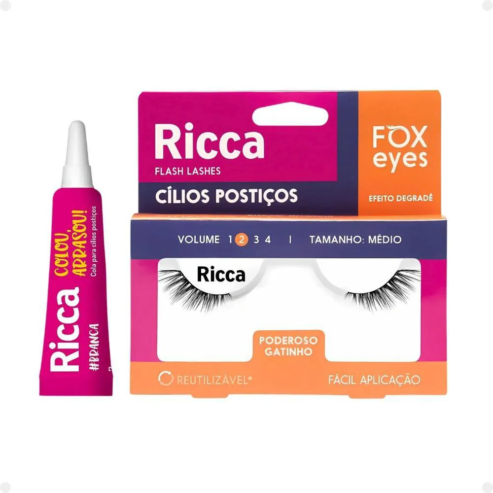 Cílios Postiços + Cola Branca Ricca Belliz Fox Eyes Poderoso Gatinho Vol:2 Médio Cód.2697