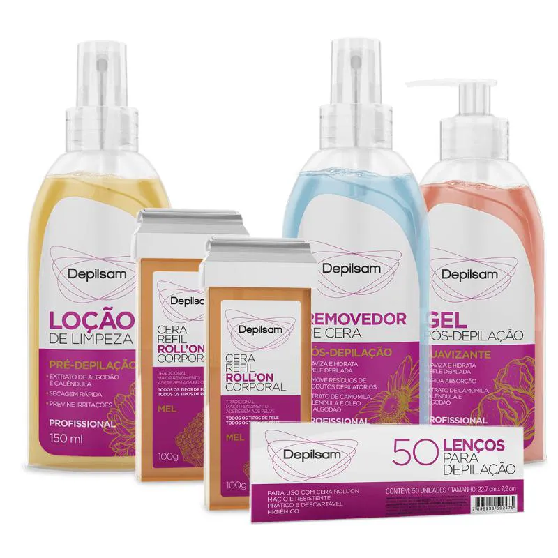Kit Completo Cera Refil Roll-On + Lenços + Removedor de Cera + Loção de Limpeza Pré Depilação + Gel Pós Depilação Mel Depilsam