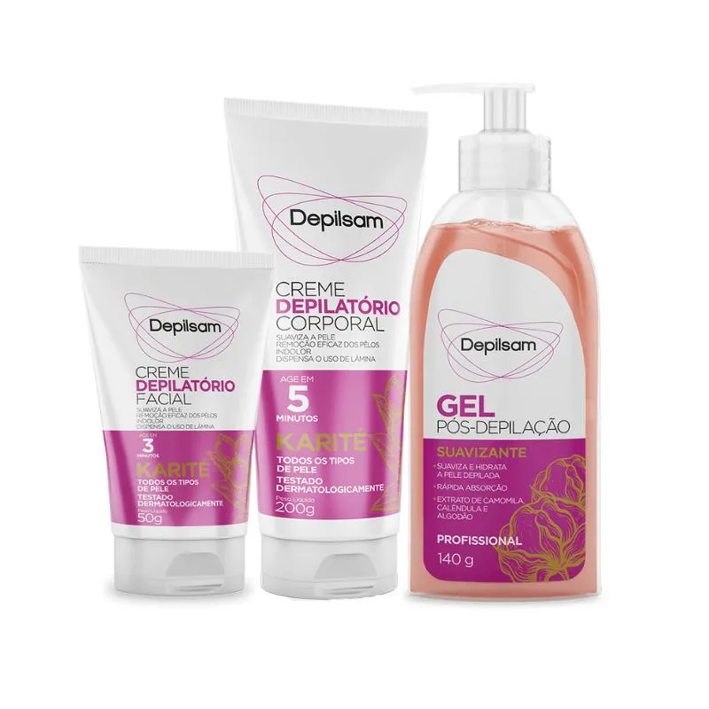 Kit Completo Creme Depilatório Corporal + Creme Facial + Gel Pós Depilação Karité