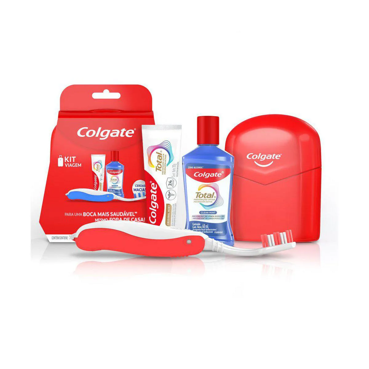 Kit Viagem Colgate Total Prevenção Ativa Enxaguante Bucal Sem Álcool 60ml + Pasta de Dente 30g + Escova de Dente