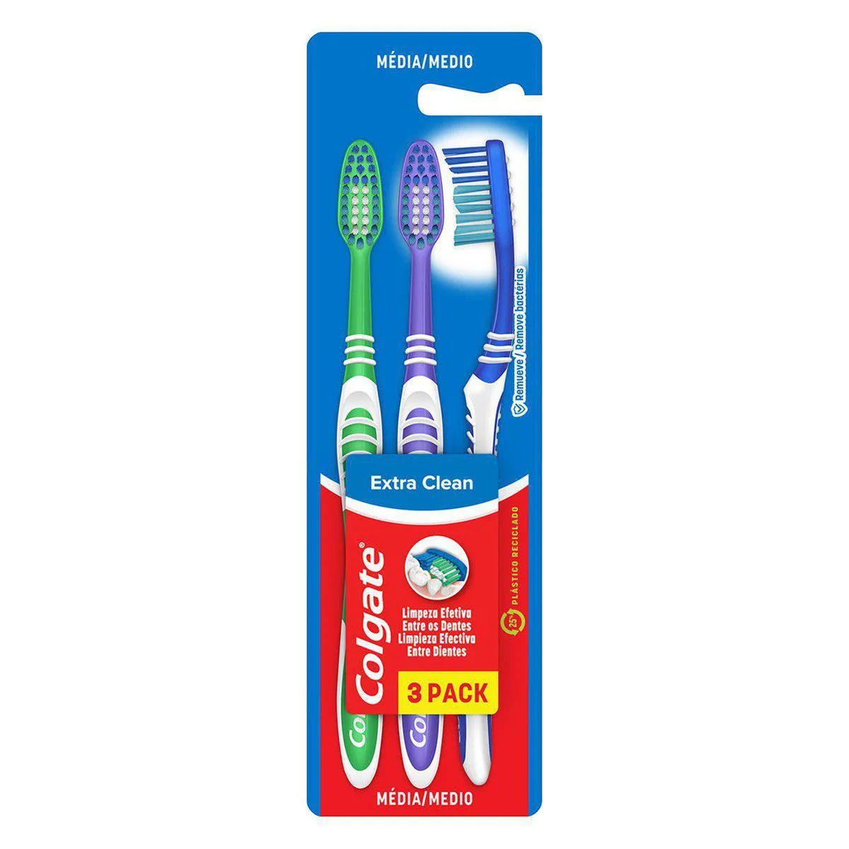 Escova de Dente Colgate Extra Clean Média com 3 unidades
