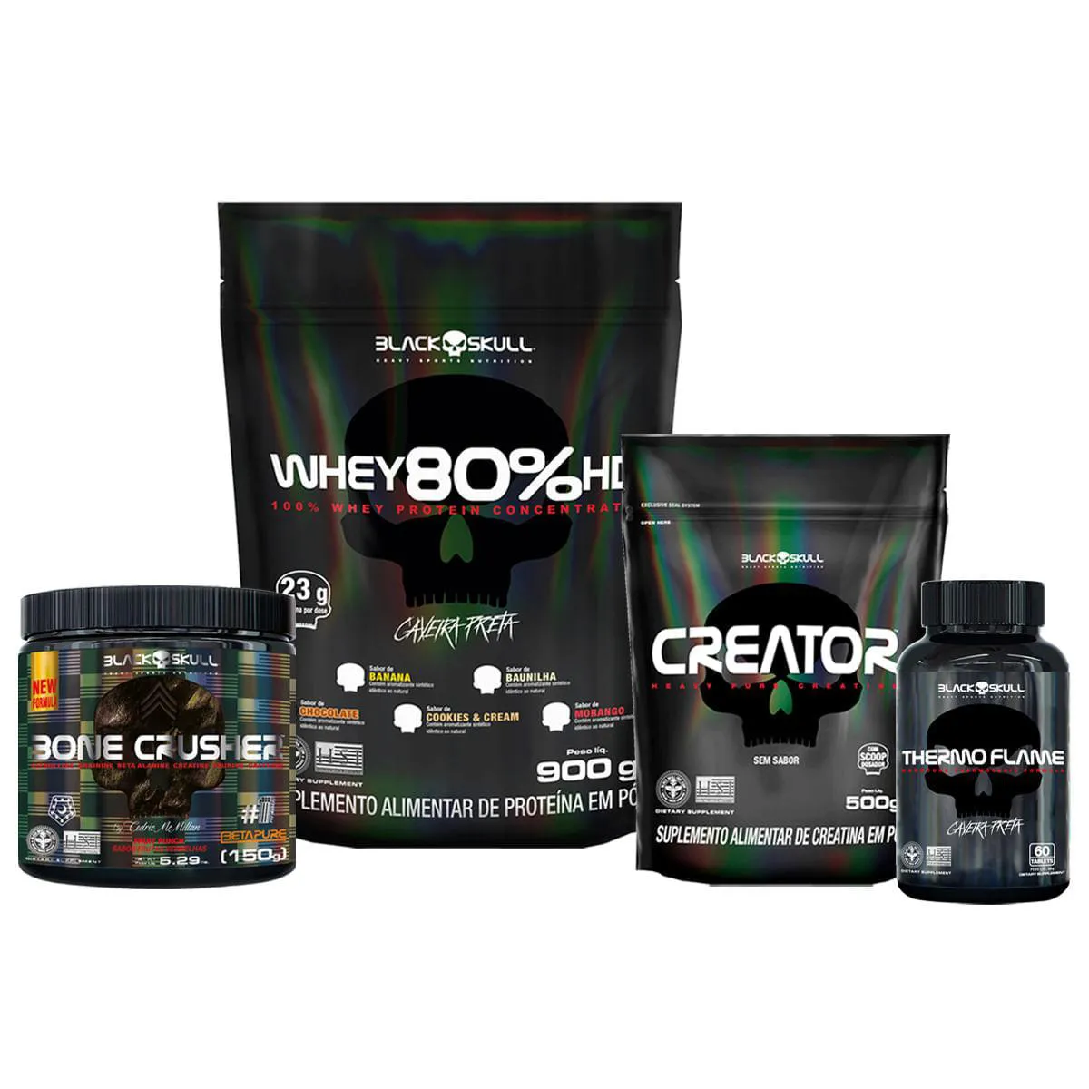 Kit Whey 80% Hd + Creator 500G + Thermo Flame 60 Tabs + Pré-Treino Bone Crusher Fruit Punch 150G - Black Skull NA NA Chocolate