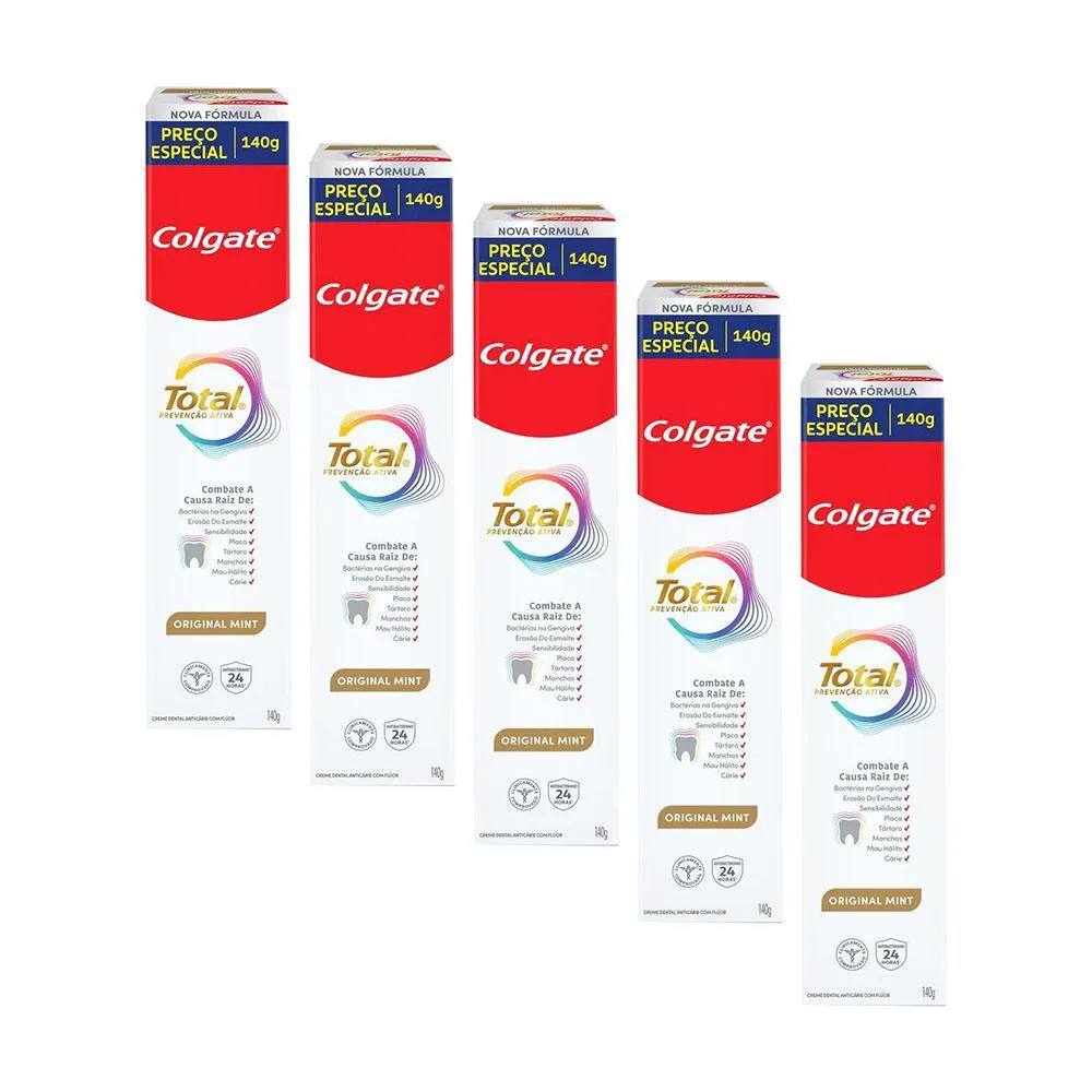 Kit 5 Cremes Dentais Colgate Total Mint Prevenção Ativa 140G