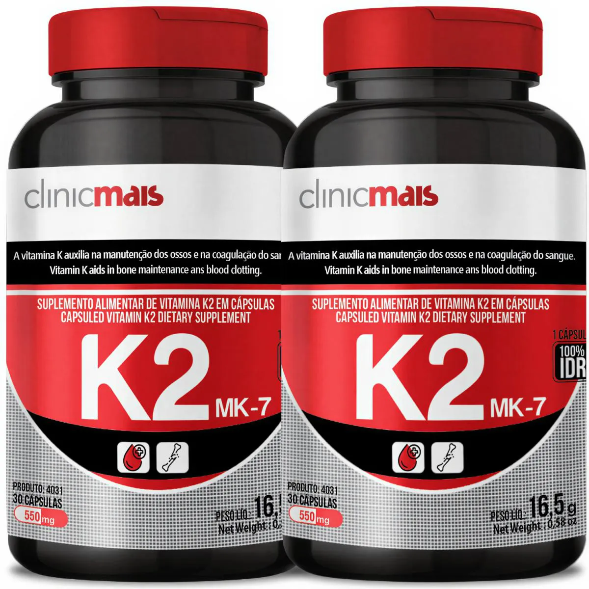 Kit 2 Vitamina K2 Menaquinona-7 Mk-7 65Mcg Total 60 Cápsulas 1 ao Dia - Clinicmais