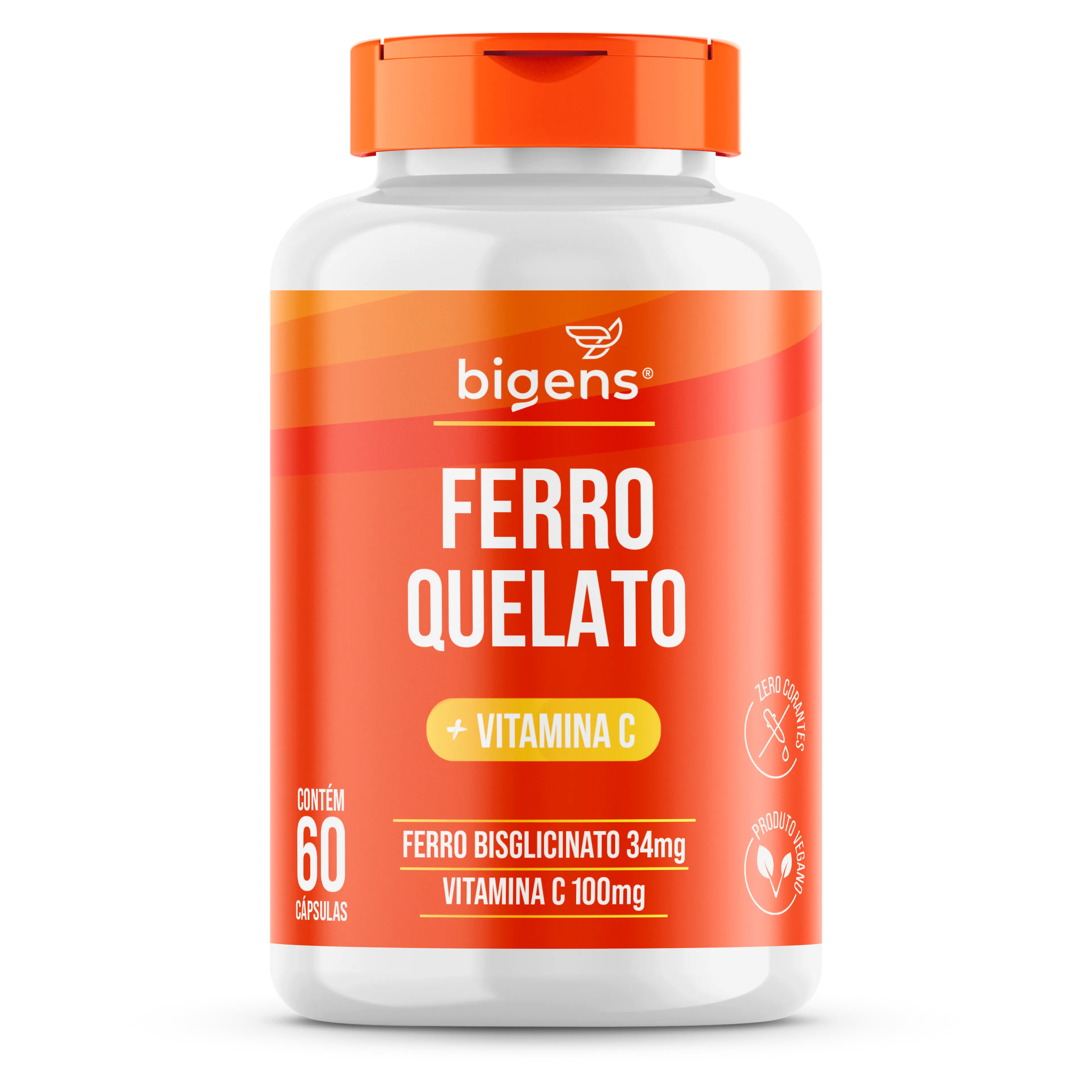 Ferro Quelato 34mg + Vitamina C 100mg ( Por Cápsula ) | 60 Cápsulas | Vegano | Bigens