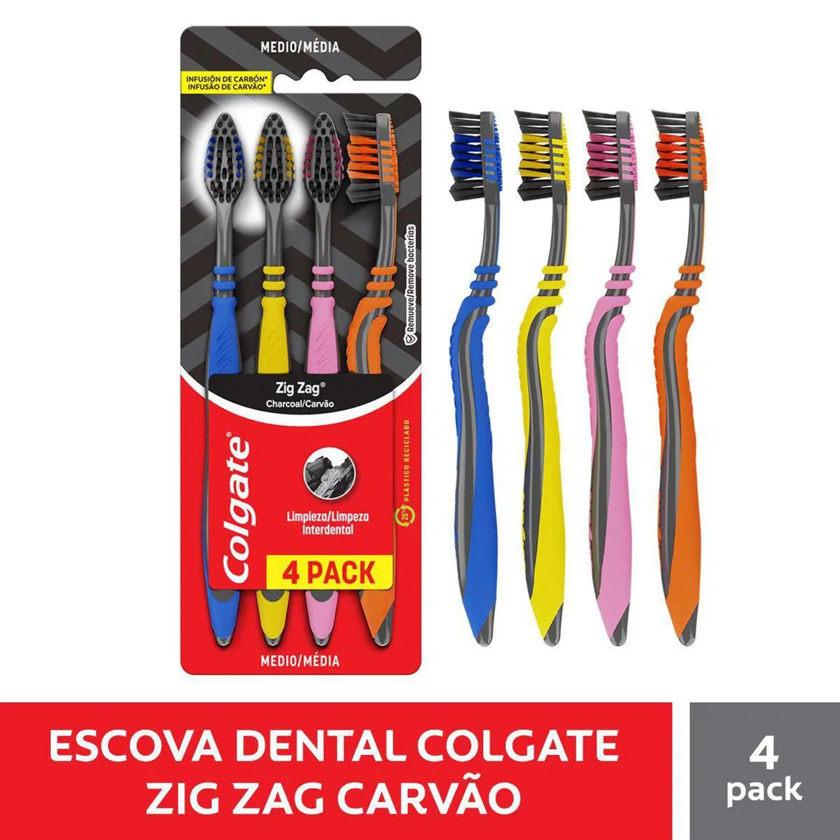 Escova de Dente Colgate ZigZag Carvão 4 unidades