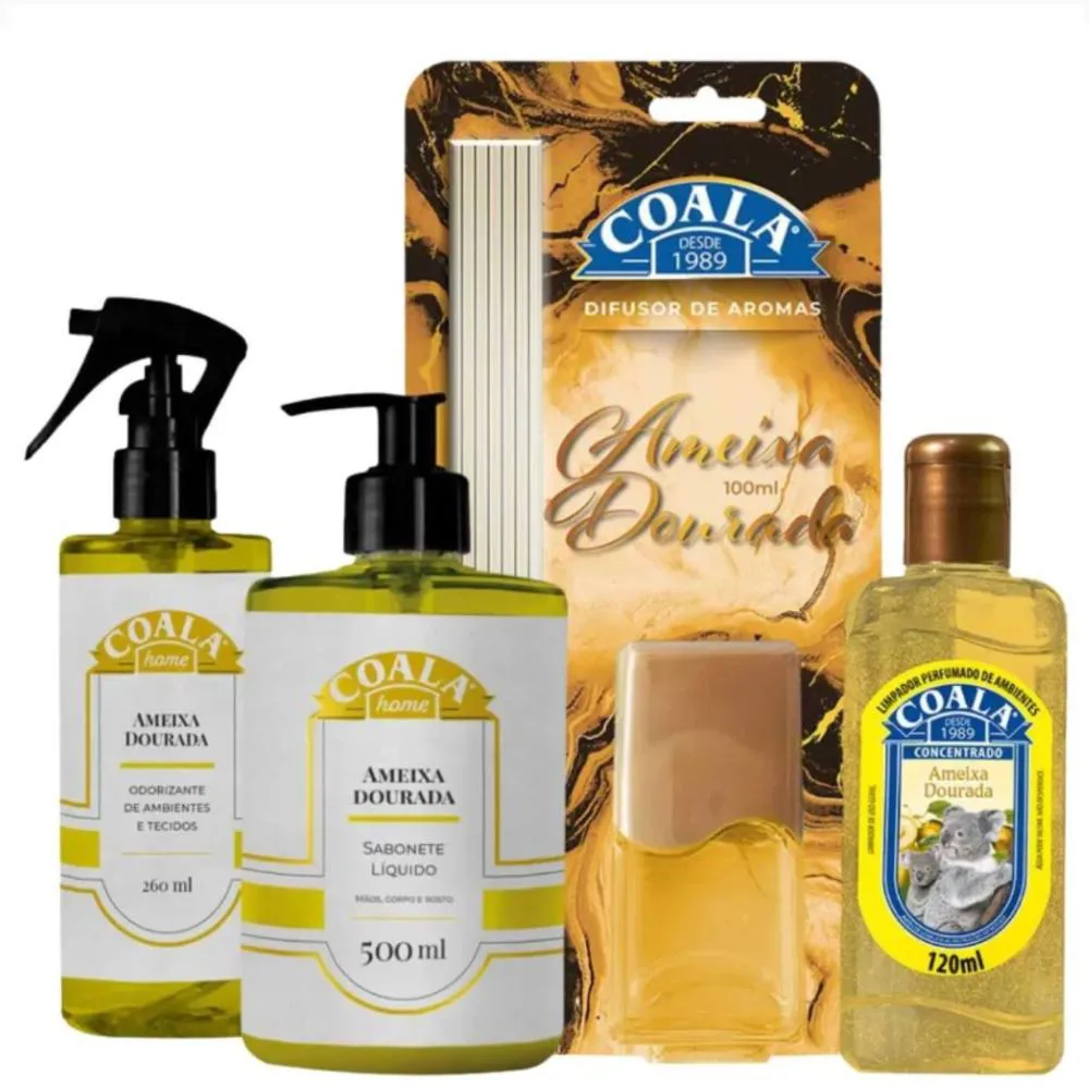 Kit Coala Ameixa Dourada: Limpador Perfumado 120Ml, Sabonete Líquido 500Ml, Odorizante de Ambientes 260Ml e Difusor de Aromas 100Ml
