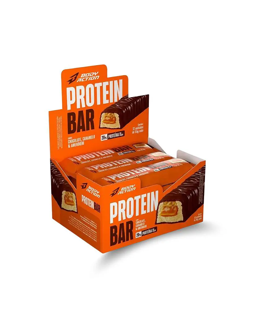 Barra de Proteína Display com 12 Unidades Sabor Caramelo com Amendoim e Chocolate com 55g Cada Bodyaction