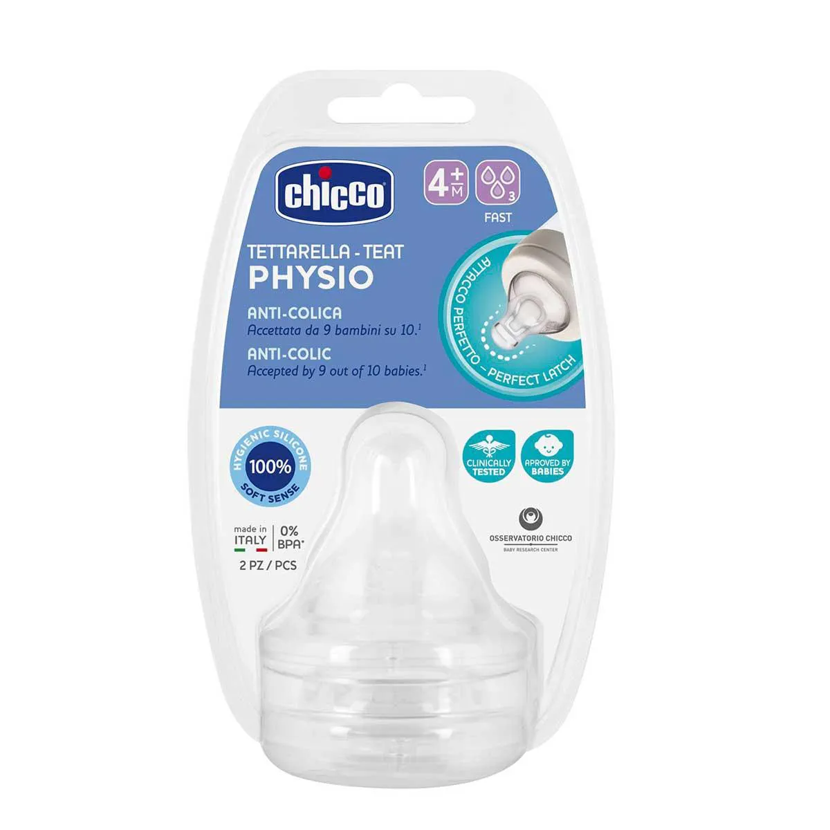 Bico para Mamadeira Chicco Physio Anticólica Fluxo Rápido 4 meses+ com 2 unidades