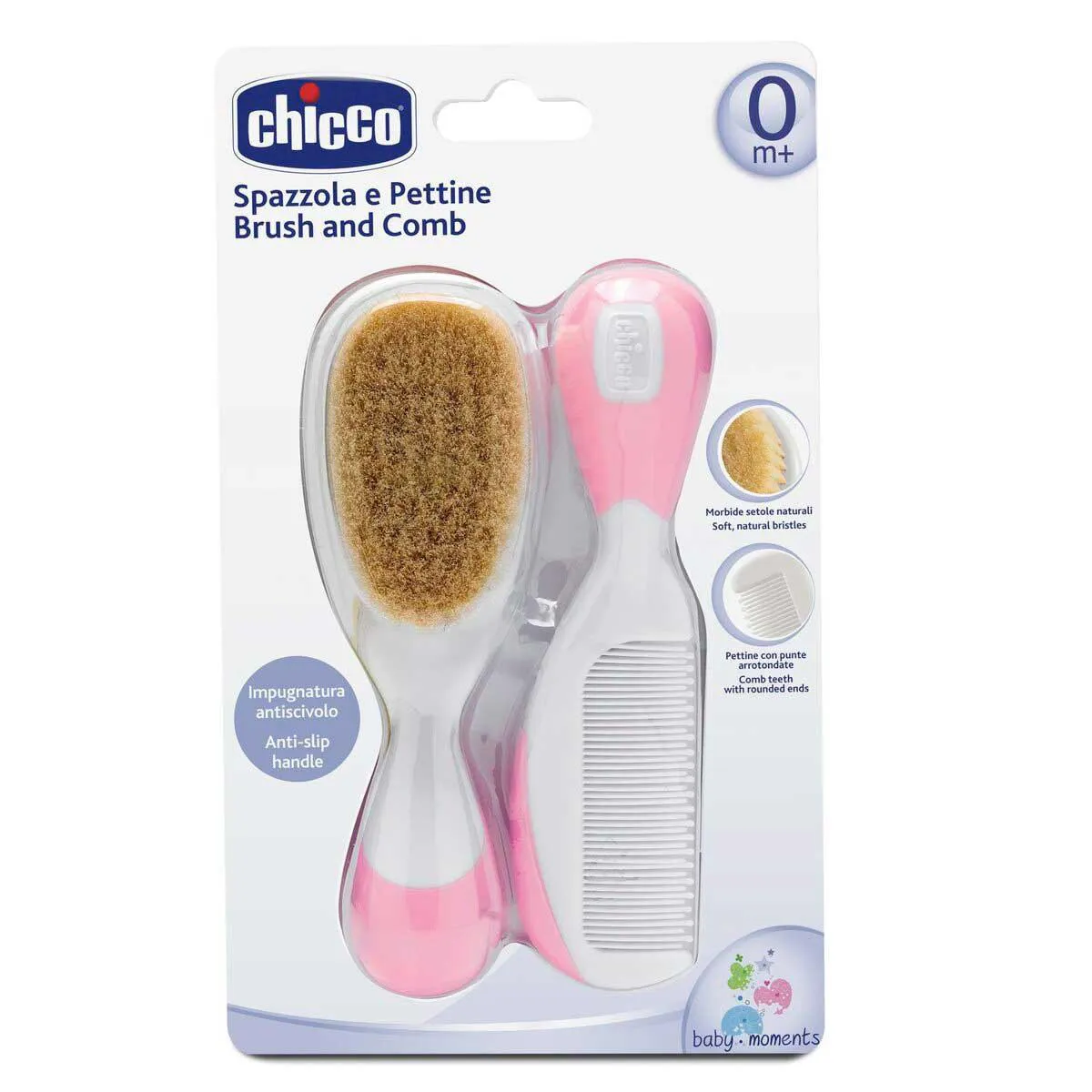 Kit Escova e Pente Chicco de Cerdas Naturais Cor Rosa com 1 unidade