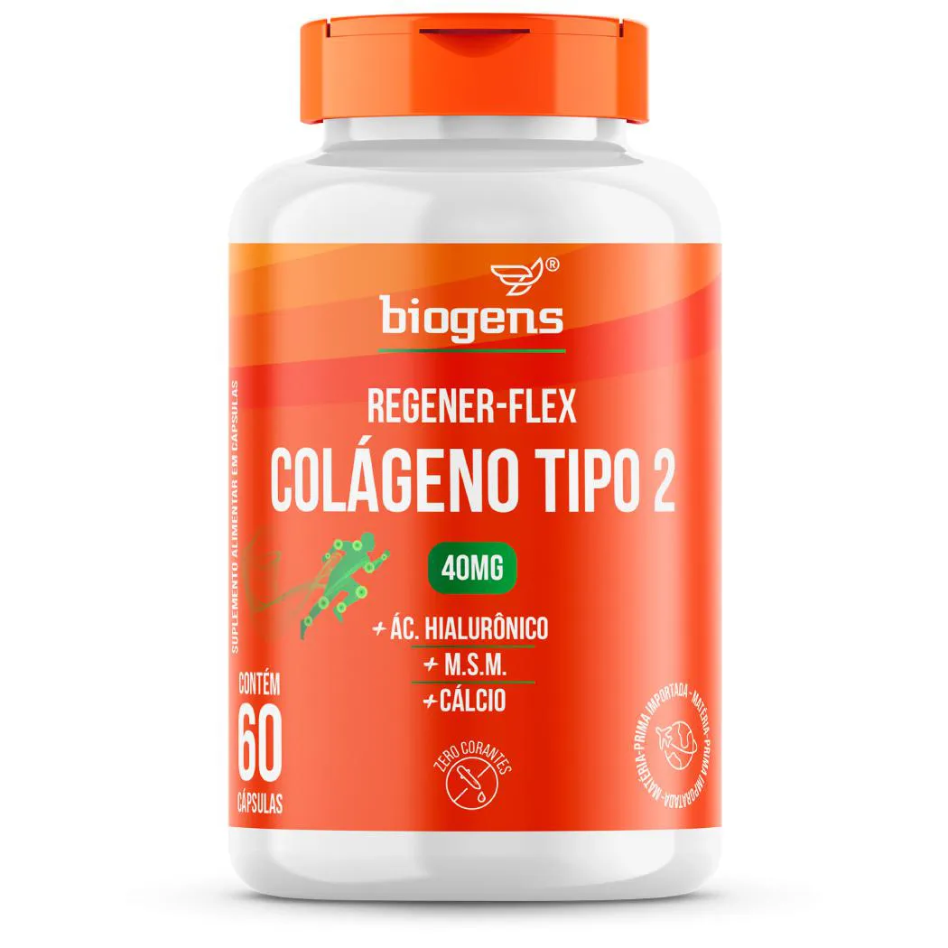 Regener Flex Colágeno Tipo 2 40mg, Cálcio, 60 Cápsulas, Biogens sem Sabor