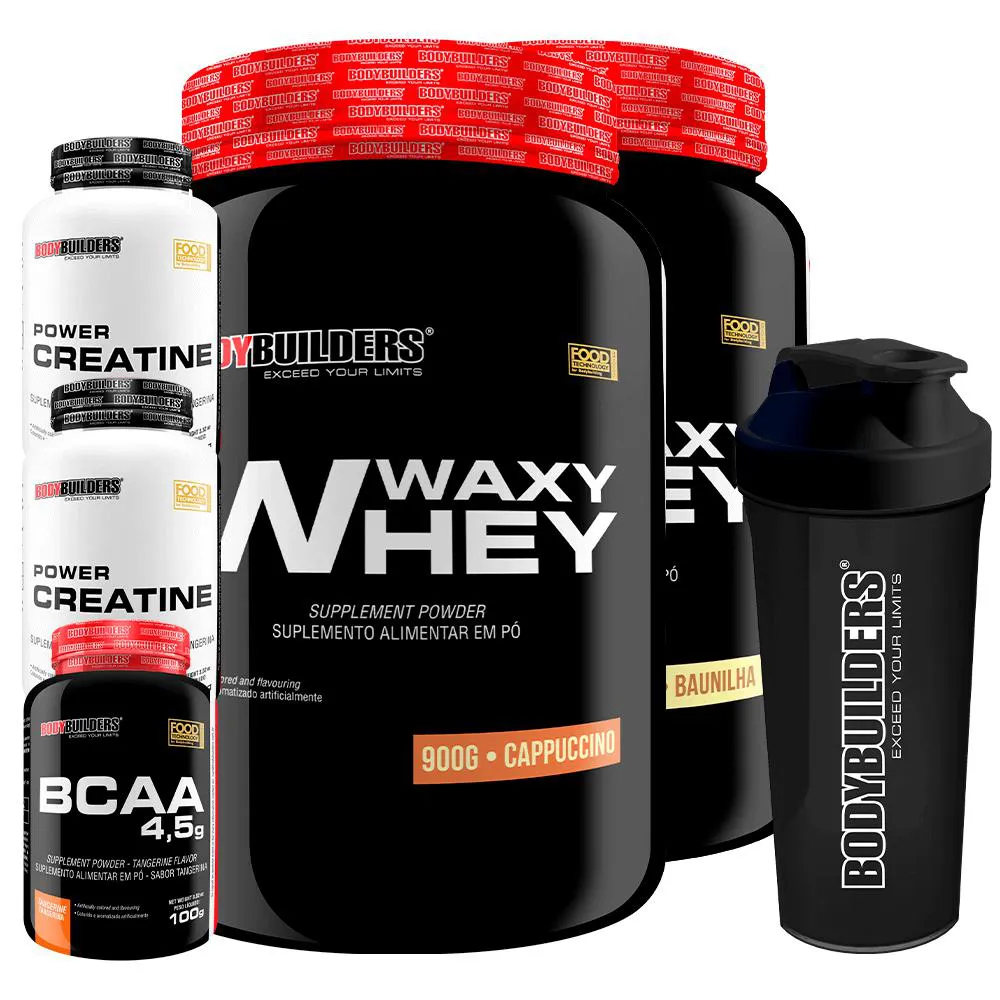 Kit 2x Waxy Whey Protein 900g + 2x Power Creatina 100g + Bcaa 4.5 100g + Coqueteleira - Bodybuilders Baunilha e Cappuccino
