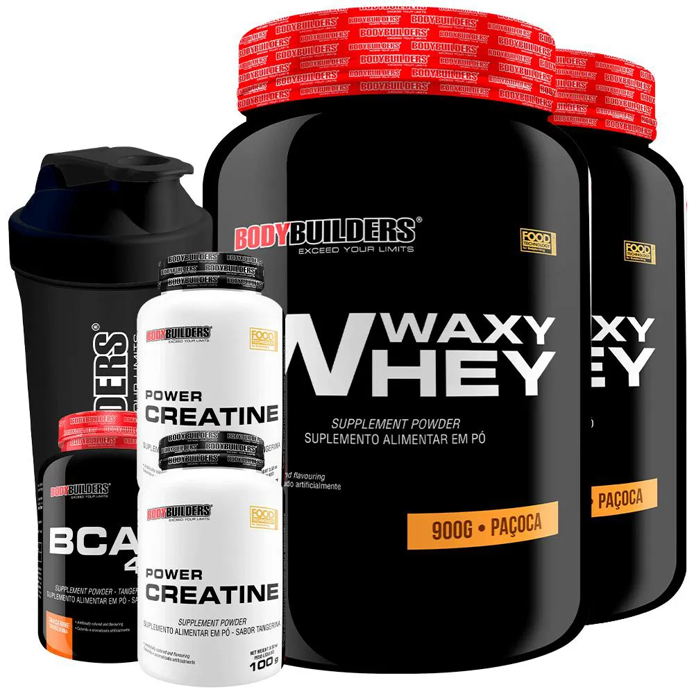 Kit 2x Waxy Whey Protein 900g + 2x Power Creatina 100g + Bcaa 4.5 100g + Coqueteleira - Bodybuilders Paçoca