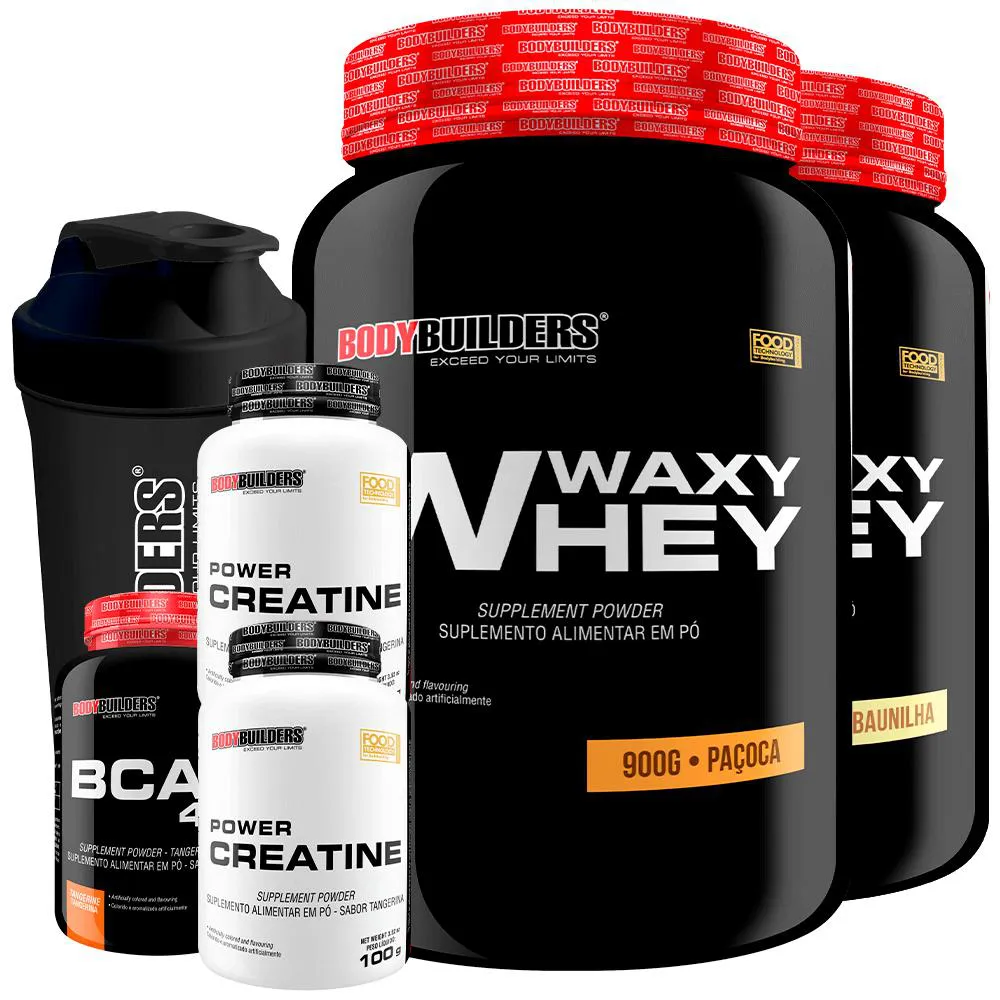 Kit 2x Waxy Whey Protein 900g + 2x Power Creatina 100g + Bcaa 4.5 100g + Coqueteleira - Bodybuilders Baunilha e Paçoca