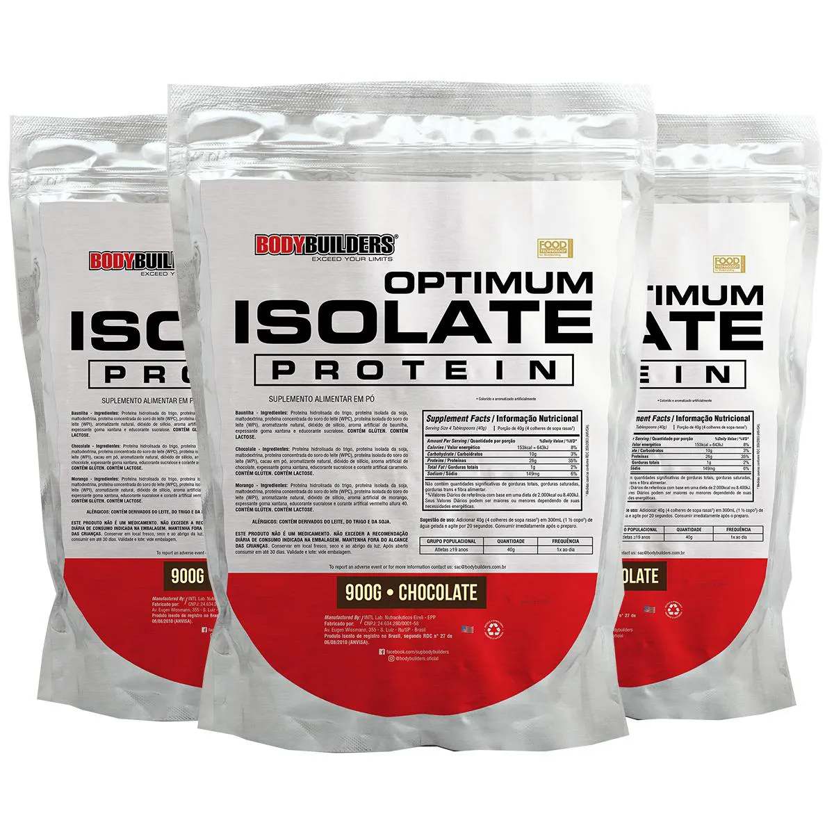 Kit 3x Optimum Isolate Whey Protein 900g - Bodybuilders Sabor Chocolate