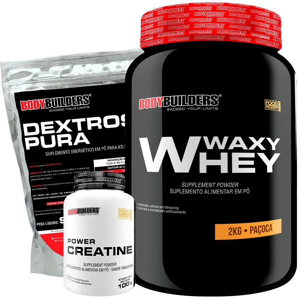 Kit Waxy Whey Protein 2kg + Creatina 100g + Dextrose 900g - Bodybuilders Paçoca