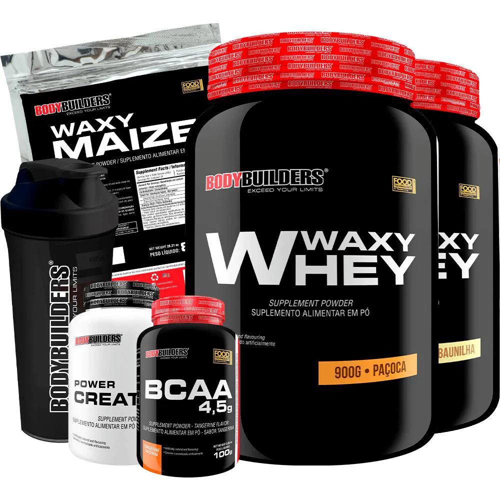 Kit 2x Whey Protein Waxy Whey 900g + Bcaa 4.5 100g + Power Creatina 100g + Waxy Maize 800g + Coque. Baunilha e Paçoca